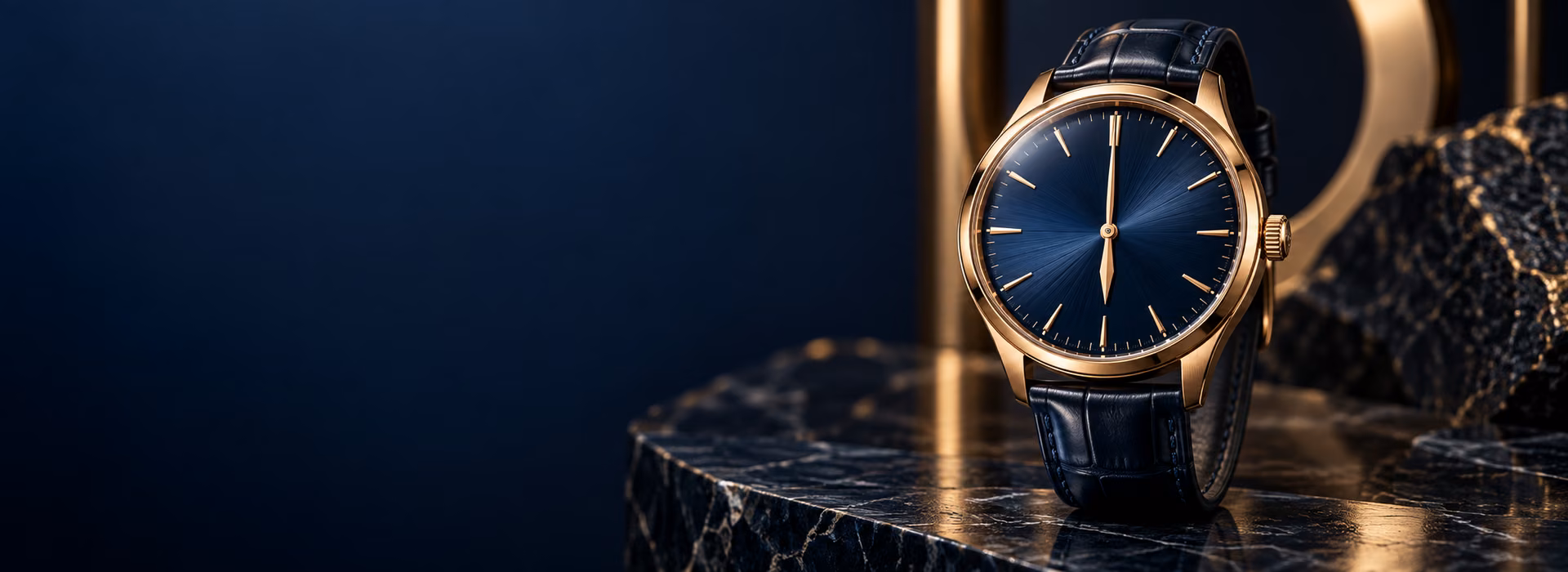 Đồng hồ automatic dây da xanh trong không gian navy và vàng sang trọng
