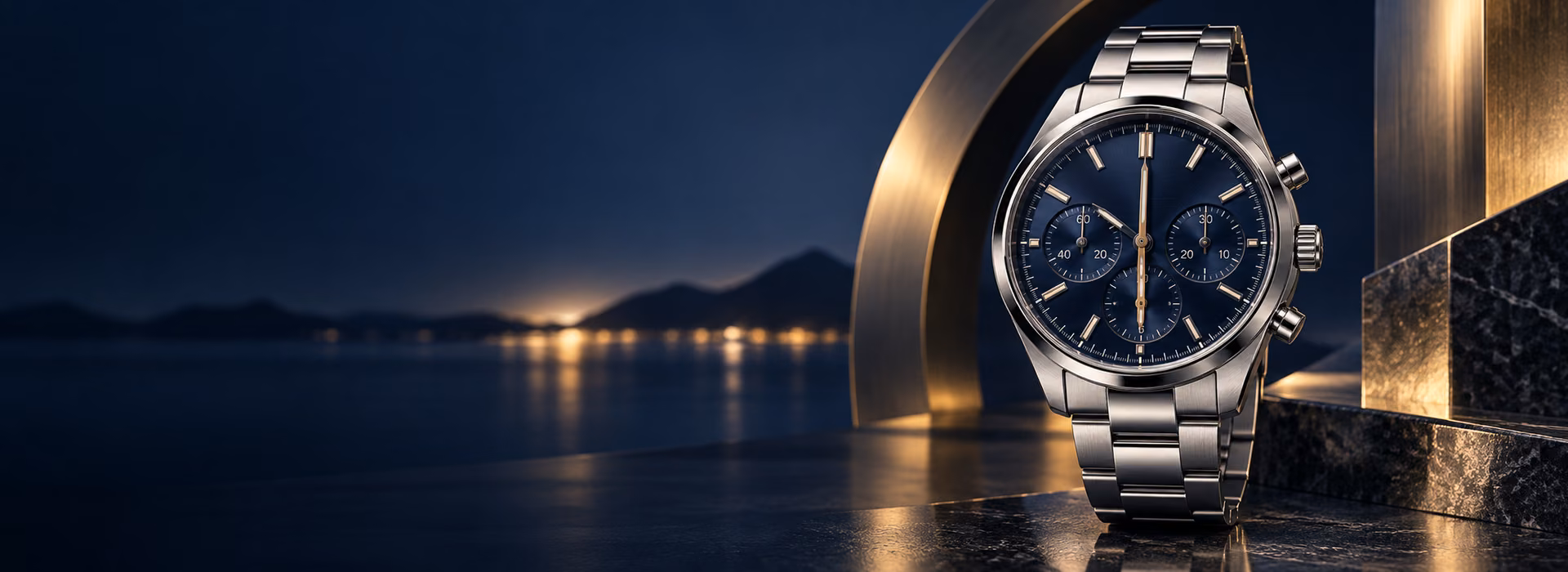Đồng hồ nam chronograph mặt xanh navy dây thép cao cấp