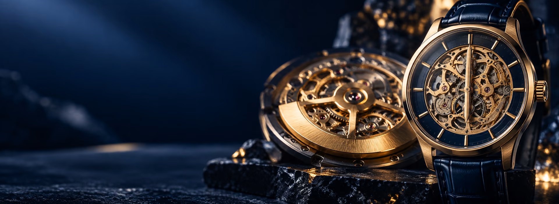 Đồng hồ cơ lộ máy màu vàng và xanh navy với bộ máy automatic