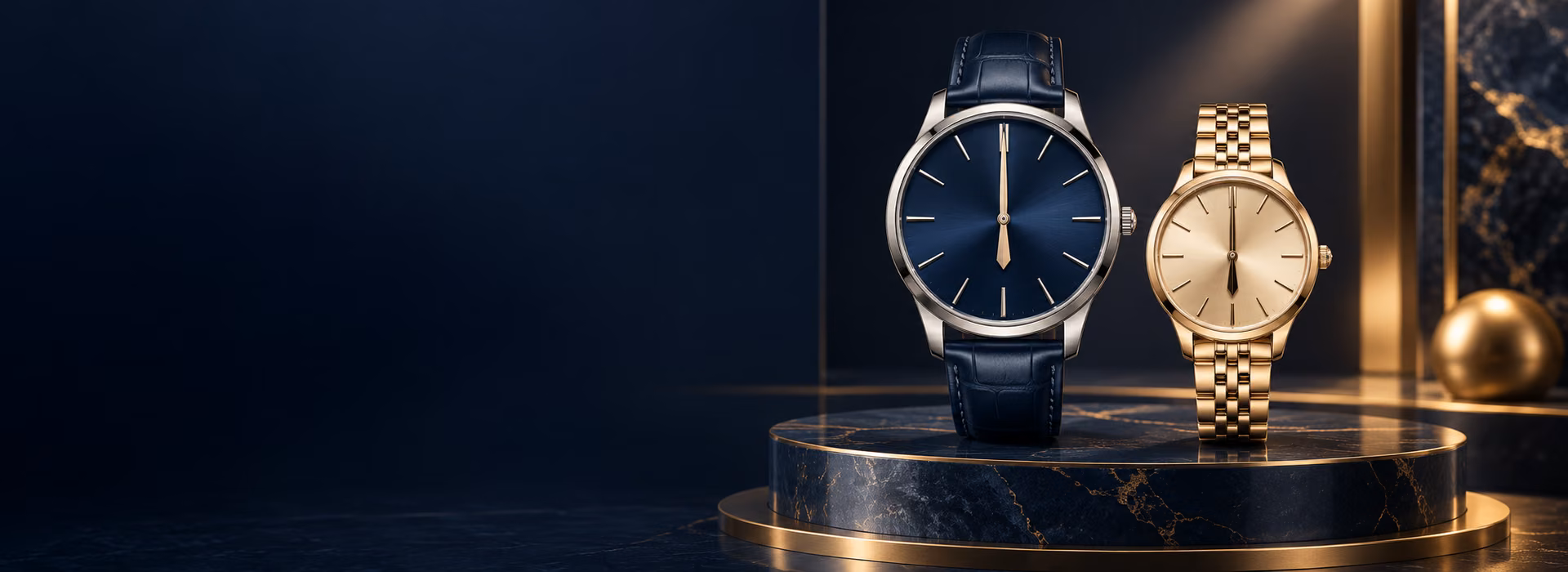 Cặp đồng hồ nam nữ màu xanh navy và champagne trên bục đá